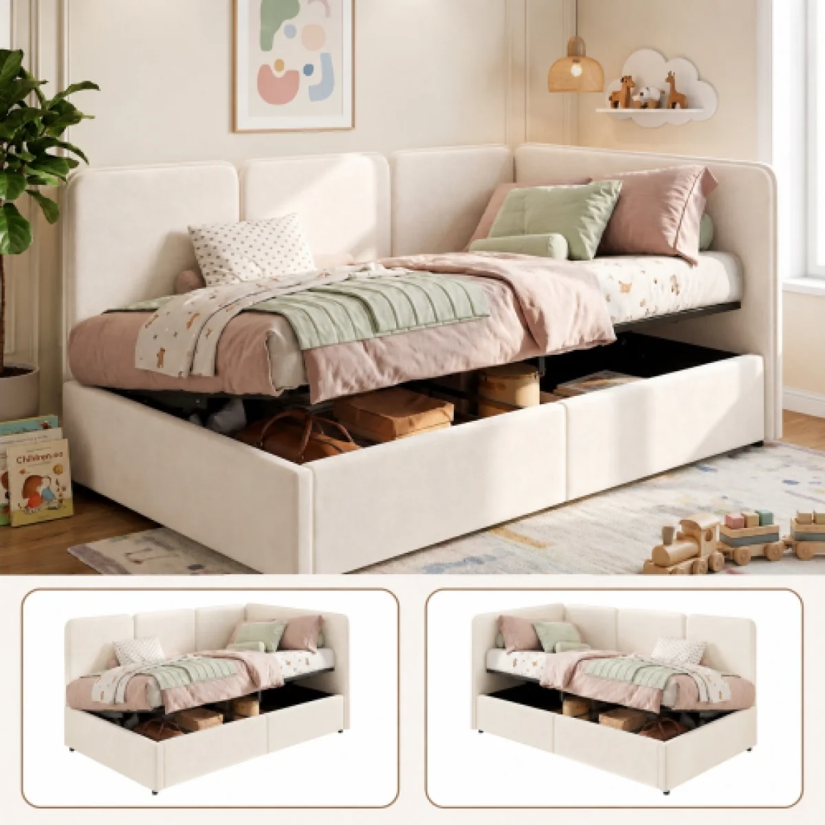 Single Ottoman Daybed with Hydraulic Storage and Reversible Chaise Design - Cream – image 1