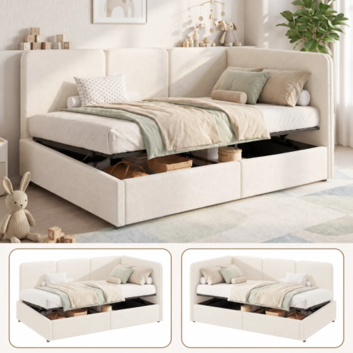 Single Bouclé Ottoman Daybed with Storage, Cream - Cream – image 1