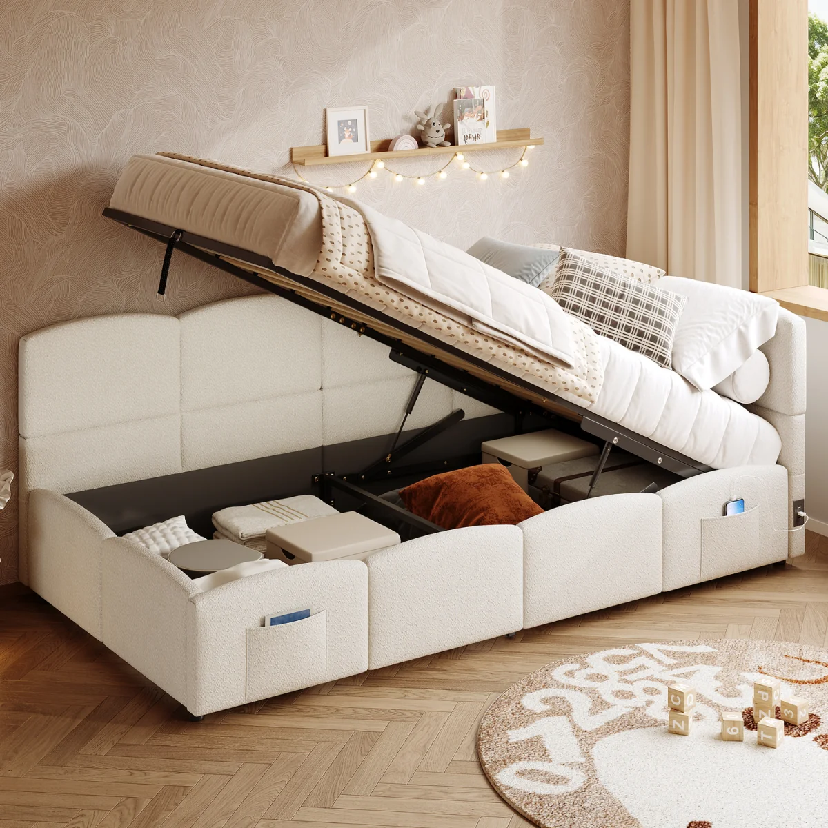 AKA Upholstered Sofa Daybed with Hydraulic Storage and USB Charging - Cream – image 2