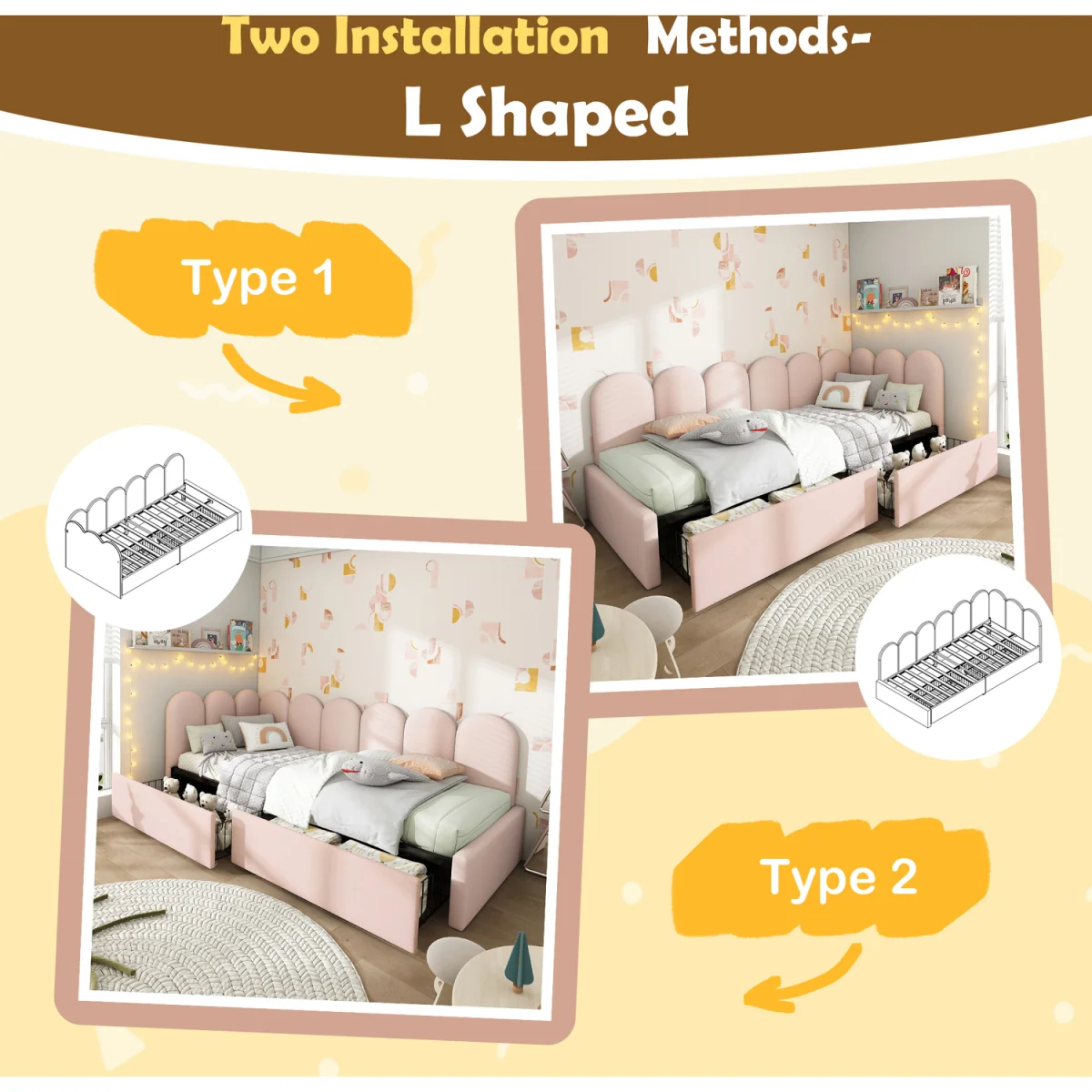 Velvet Upholstered Single Daybed with Storage Drawers - Pink – image 3