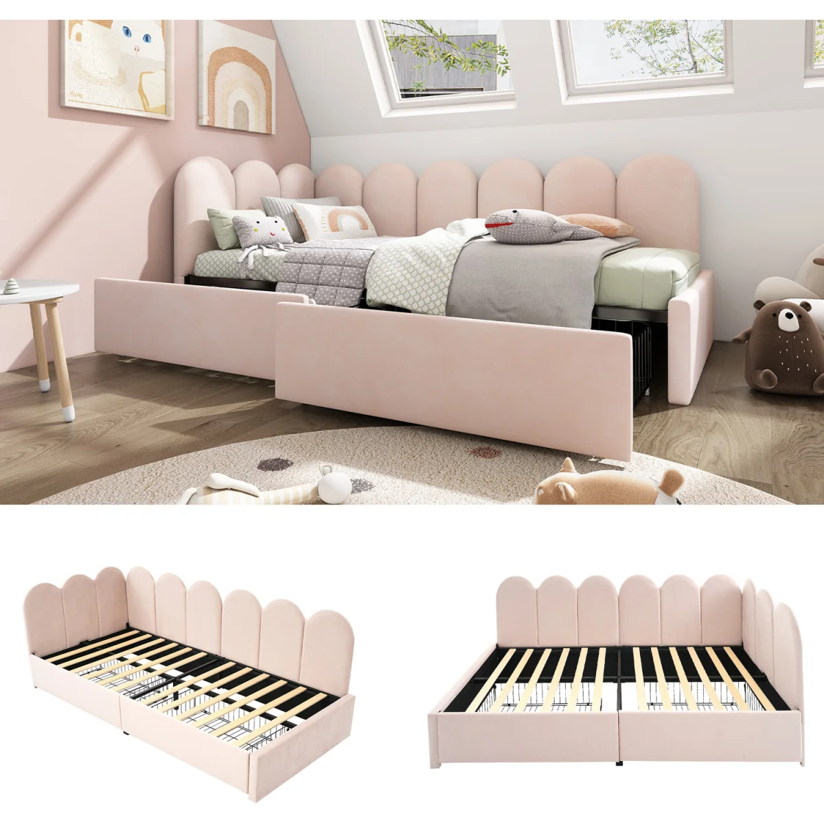 Velvet Upholstered Single Daybed with Storage Drawers - Pink – image 4