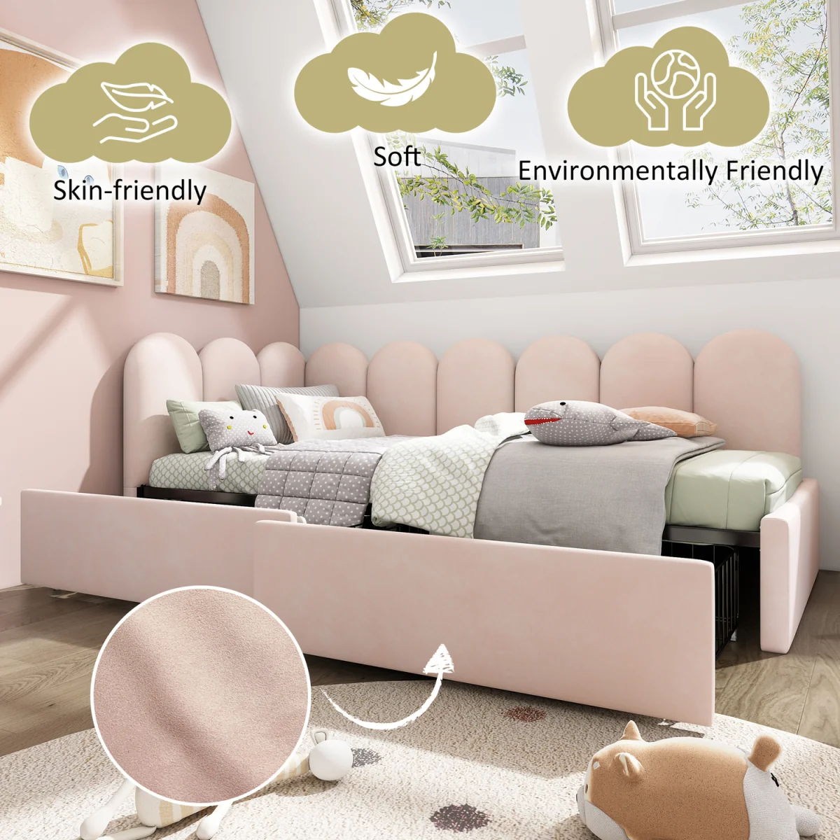 Velvet Upholstered Single Daybed with Storage Drawers - Pink – image 5