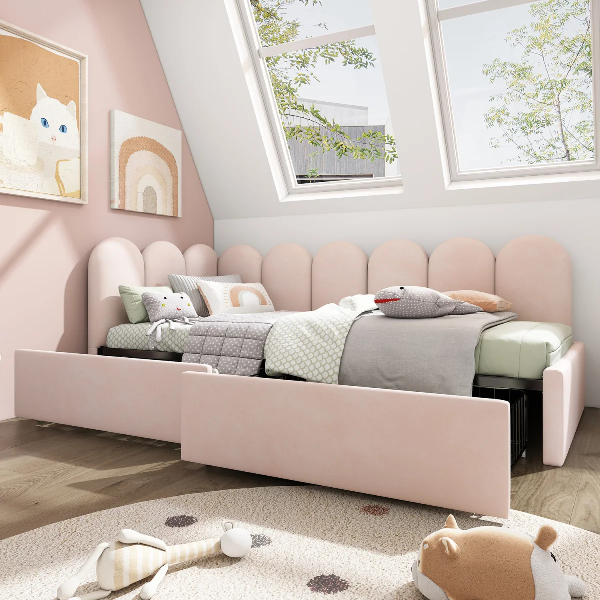Velvet Upholstered Single Daybed with Storage Drawers - Pink – image 8