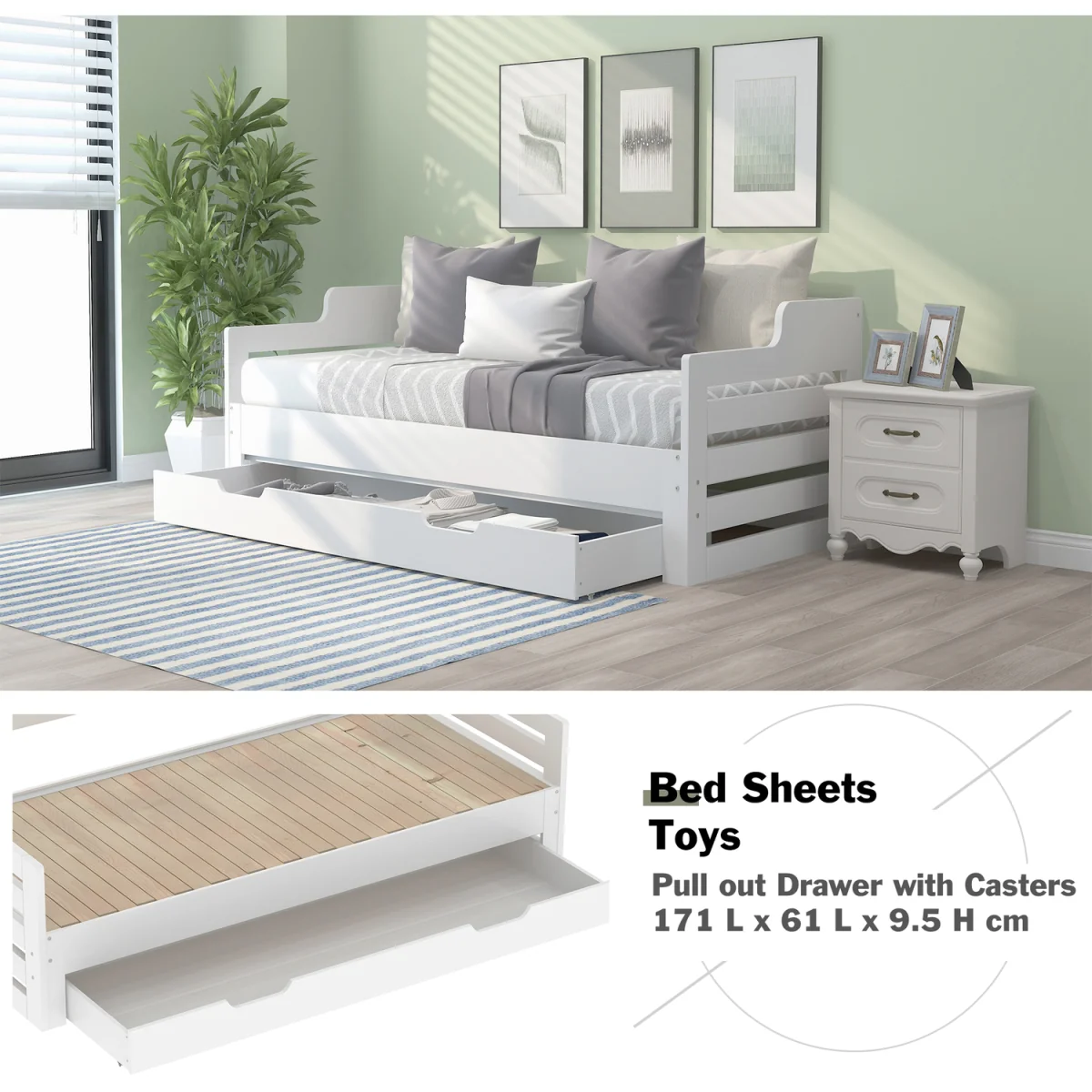 Single Daybed with Pull-Out Trundle and Storage Drawer - White – image 4