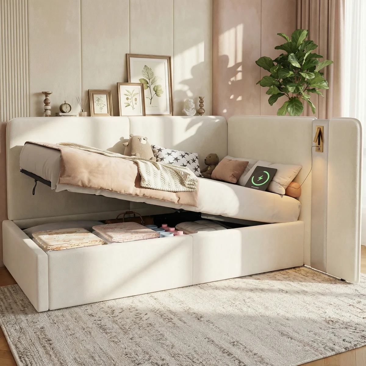 L-Shaped Upholstered Daybed with Storage, Hydraulic Lift, USB and Reading Light - Cream – image 1