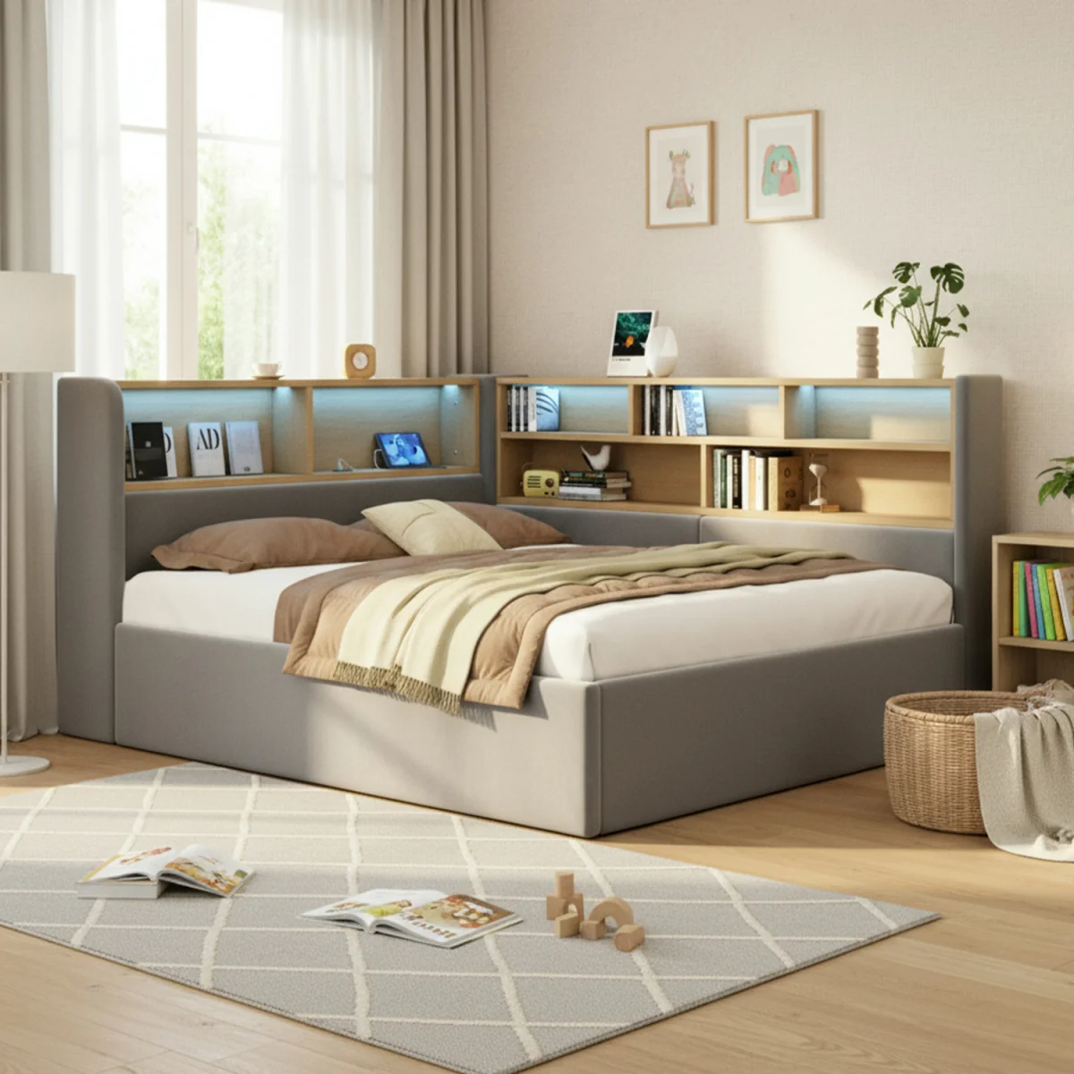 Double L-Shaped Velvet Storage Daybed with LED & USB - Grey – image 1