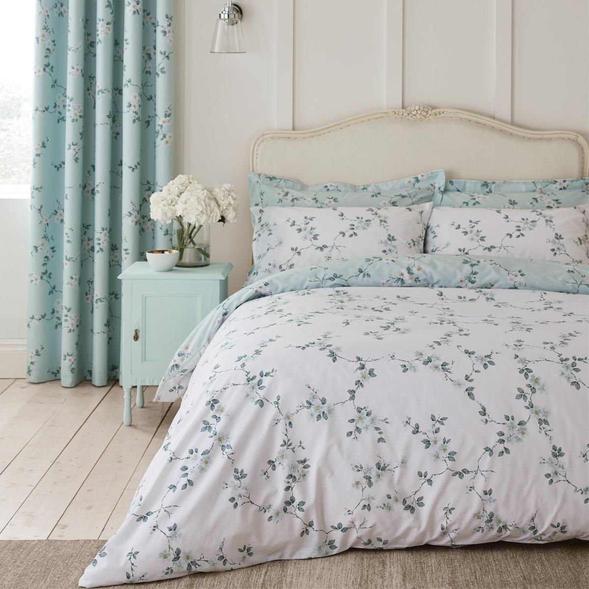 Edith Duck Egg Floral Reversible Duvet Cover and Pillowcase Set Duck Egg – image 2
