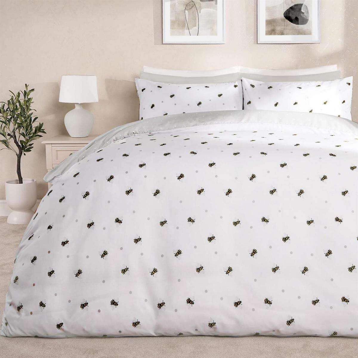 Bee Print Reversible Spotty Duvet Set - White / Single – image 2