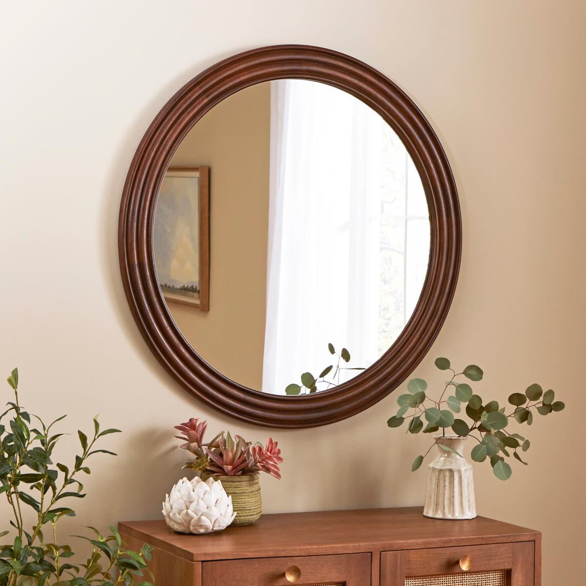 Heart and Soul Round Ribbed Wall Mirror Wood (Brown) – image 1
