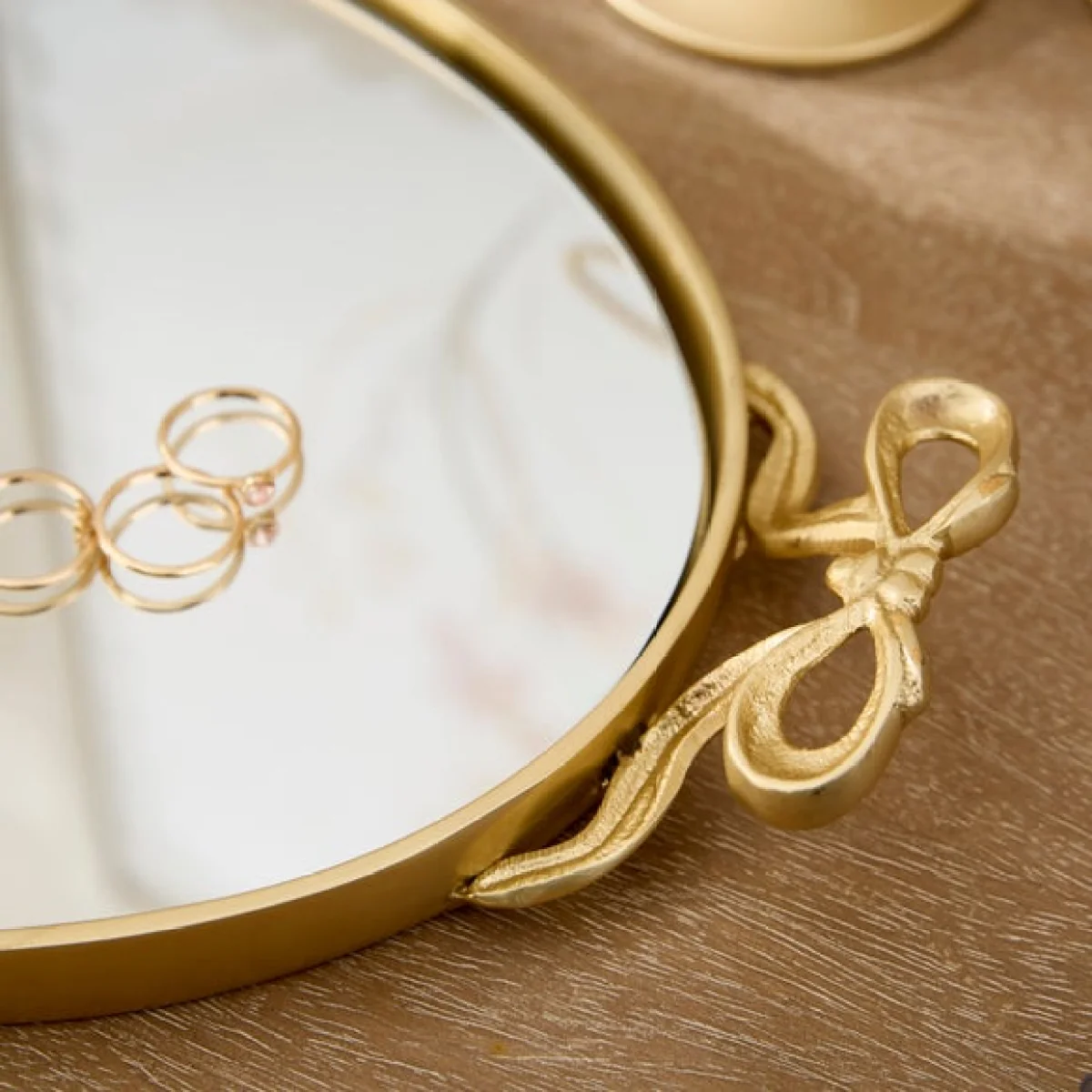 Gold Bow Handled Oval Mirrored Tray – image 2