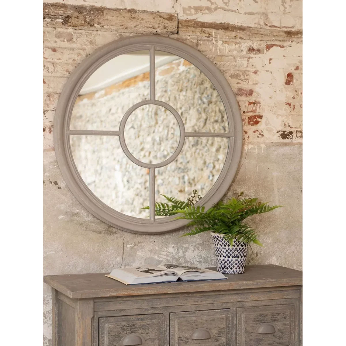 One.World Wilton Round Wood Window Wall Mirror, 90cm, Grey – image 2
