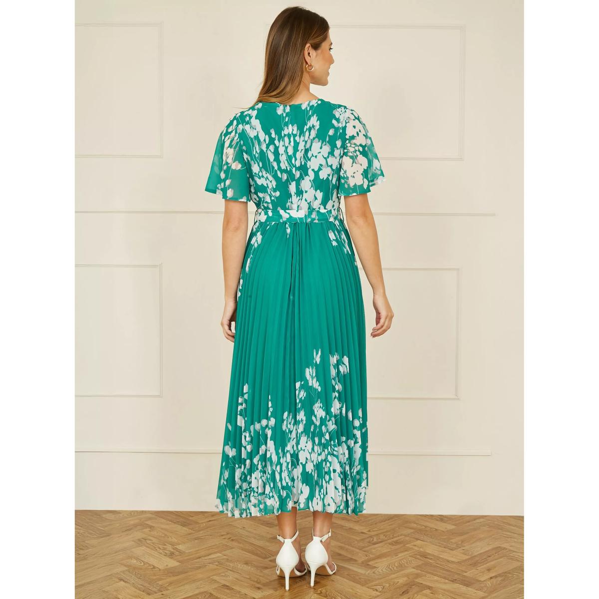 Yumi Mirror Floral Pleated Midi Dress, Green – image 4