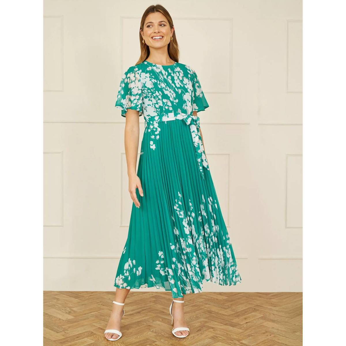 Yumi Mirror Floral Pleated Midi Dress, Green – image 5