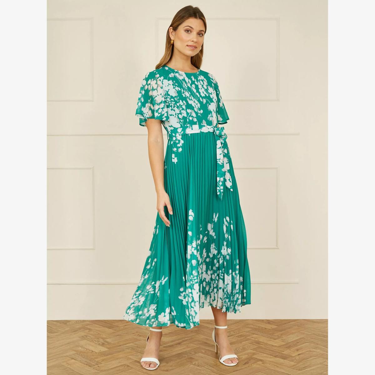 Yumi Mirror Floral Pleated Midi Dress, Green – image 1