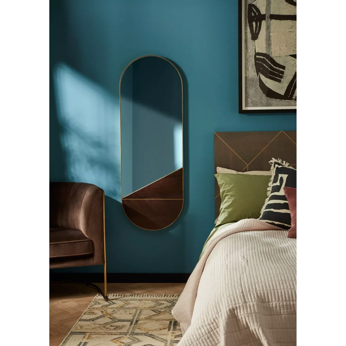 John Lewis + Swoon Mendel Lozenge Metal Frame Wood Inlay Wall Mirror, 125 x 45cm, Natural/Gold – image 2