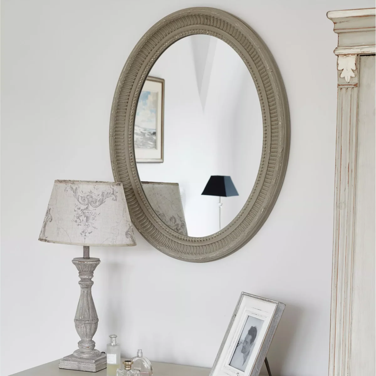 One.World Wilton Oval Wood Wall Mirror, 86 x 66cm, Grey – image 1