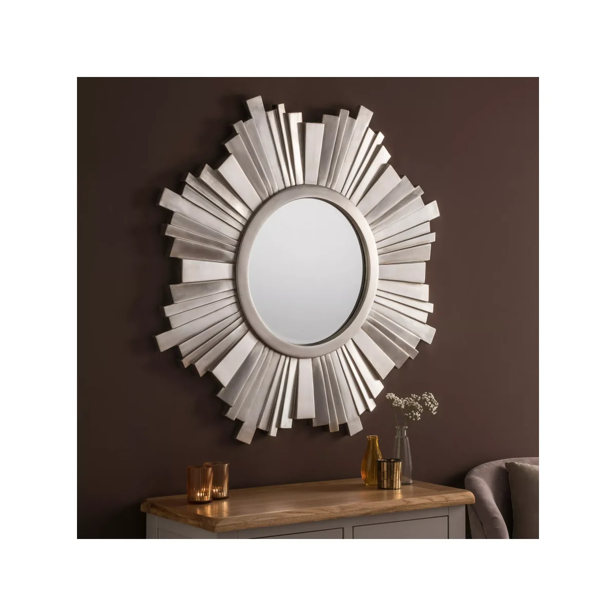 Decorative Starburst Frame Round Wall Mirror, 107cm, Silver – image 2