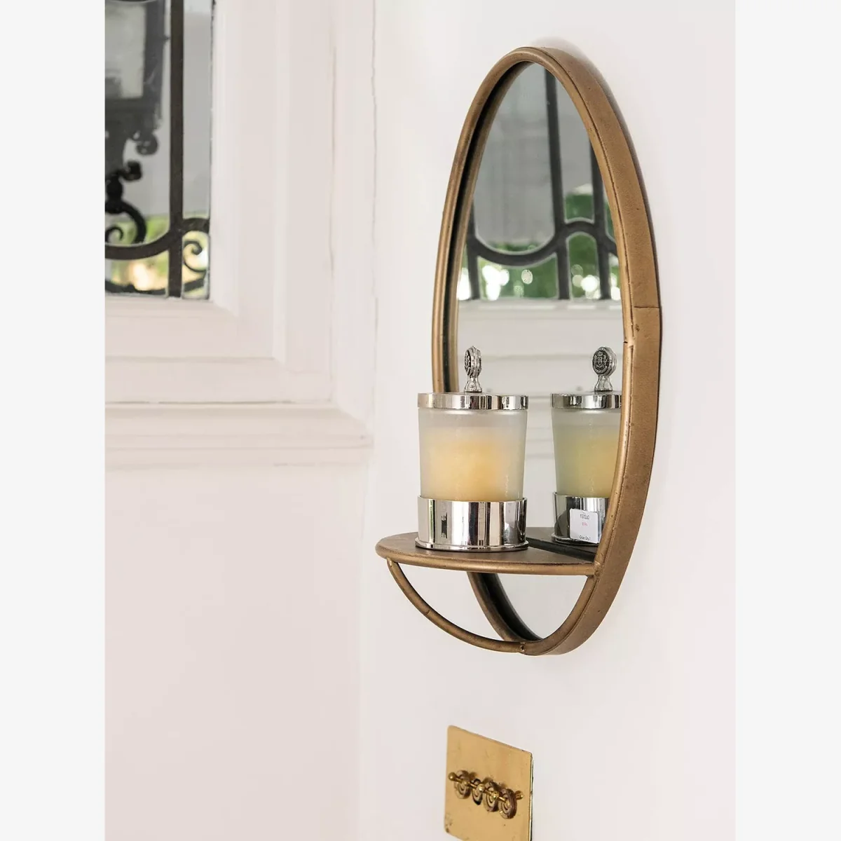 One.World Granville Oval Metal Wall Mirror with Shelf, 45 x 30.3cm, Brass – image 1
