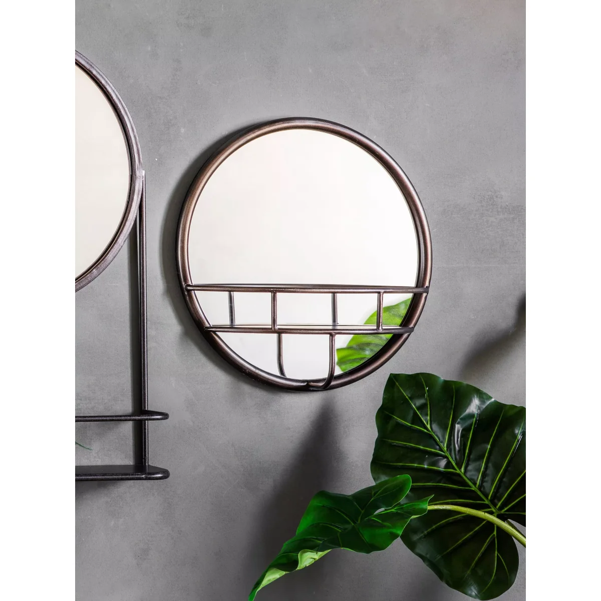 Round Metal Frame Shelf Wall Mirror, 40cm, Antique Black – image 2