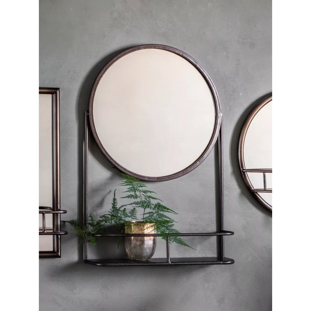 Metal Frame Shelf & Round Wall Mirror, 63 x 40cm, Black – image 2