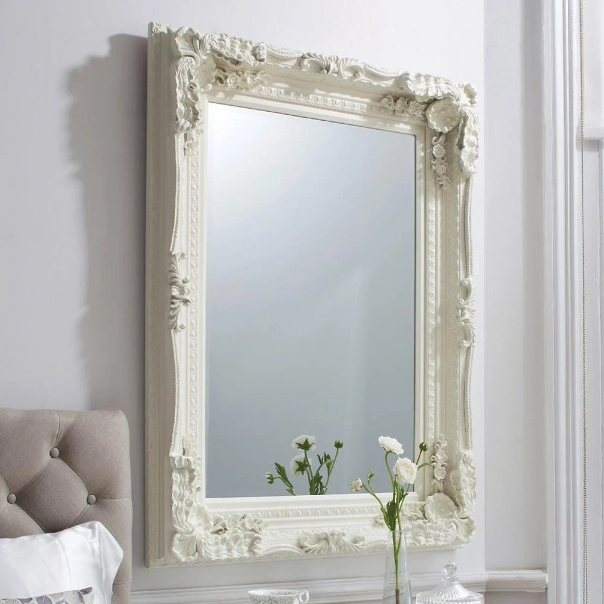 Carved Rectangle Wall Mirror - Cream – image 1