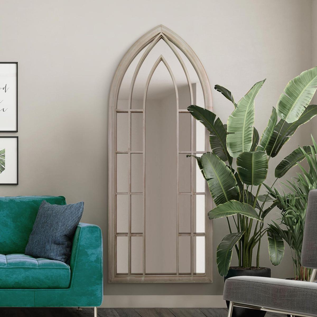 MirrorOutlet The Somerley Extra Large Rustic Framed Arched Gothic Mirror - Stone / 75cm