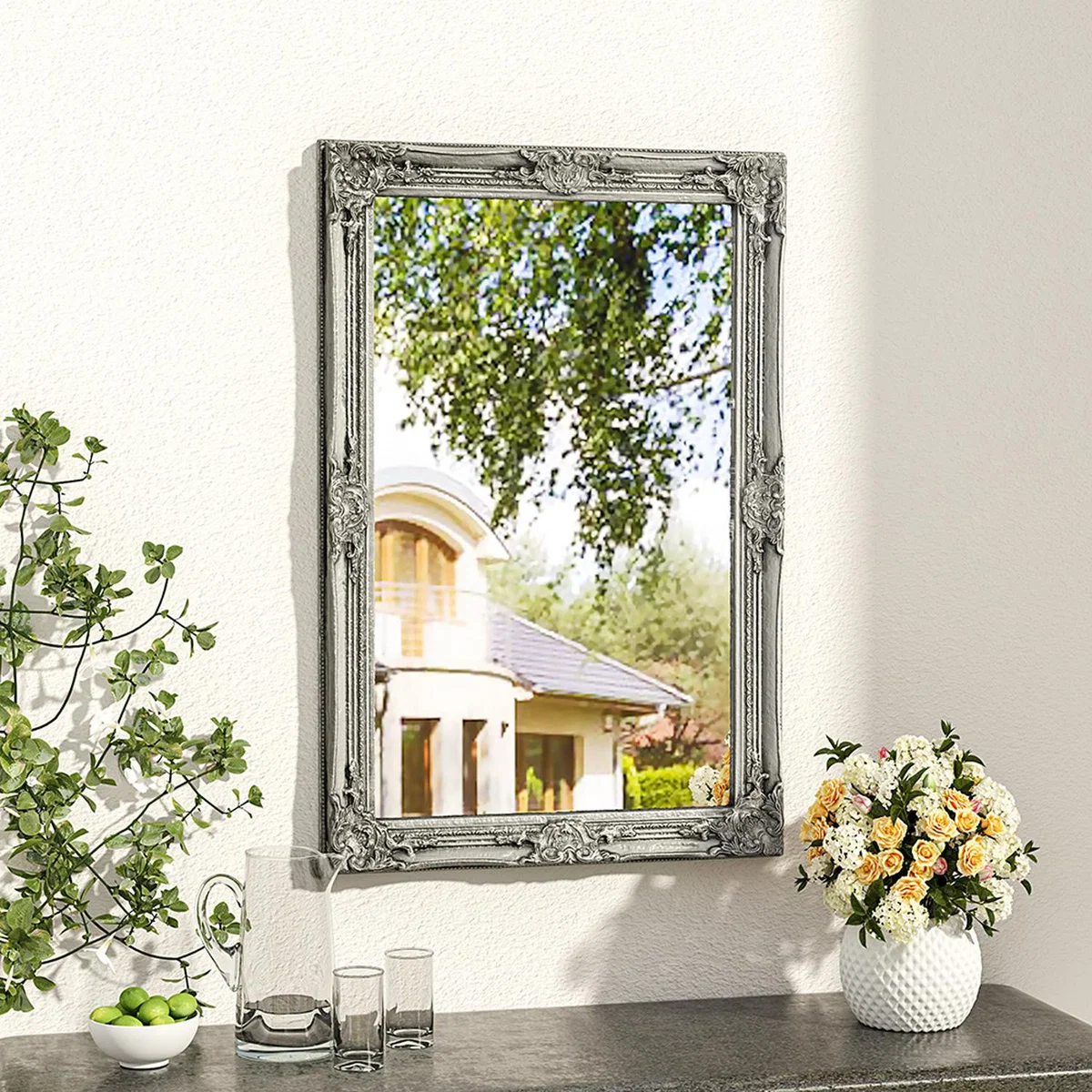 Hand Carved Wall Floor Ornate Glass Mirror Wooden Frame - Silvery / 70cm / 100cm – image 1
