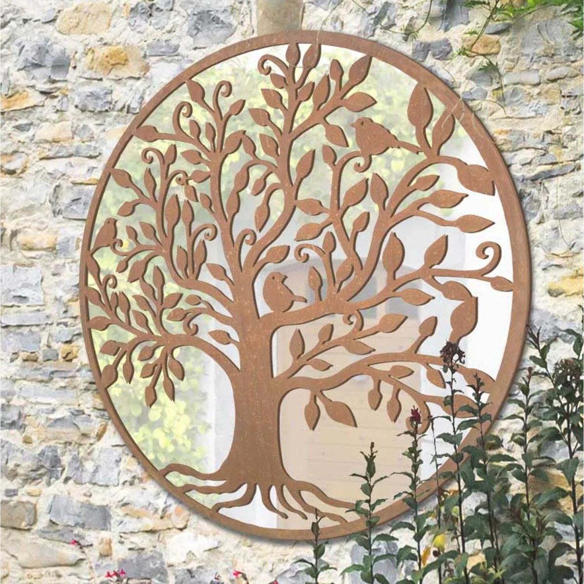 MirrorOutlet Bird Tree Design Round Garden Mirror 100 x 100 CM - Brown – image 1