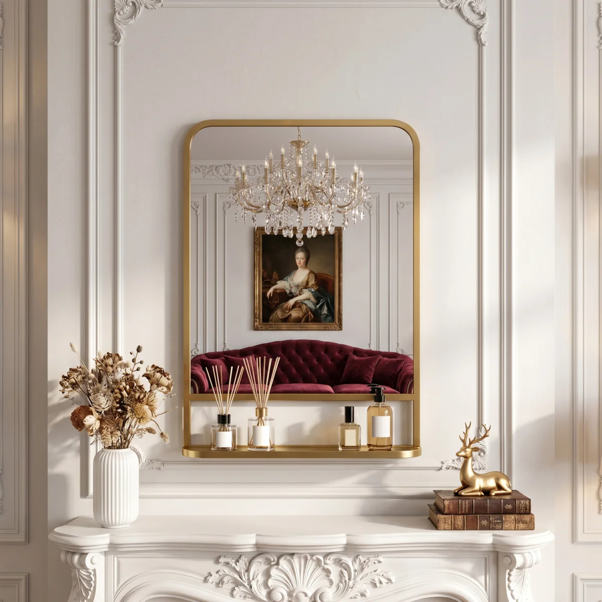 HOMCOM Modern Square Wall Mirror with Storage Shelf - Gold Tone / 50cm – image 2