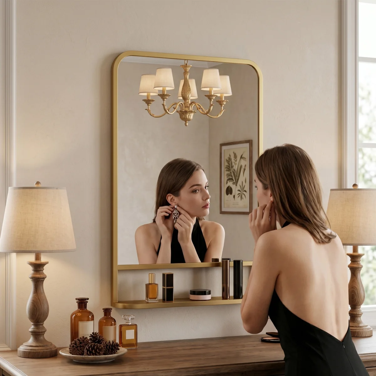 HOMCOM Modern Square Wall Mirror with Storage Shelf - Gold Tone / 50cm – image 3