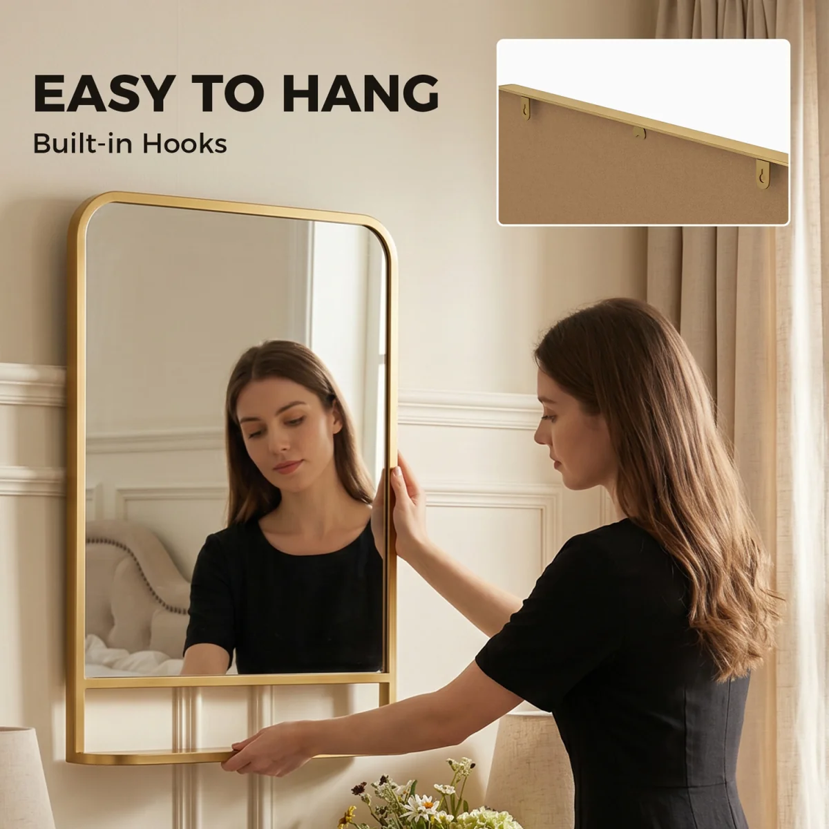 HOMCOM Modern Square Wall Mirror with Storage Shelf - Gold Tone / 50cm – image 4