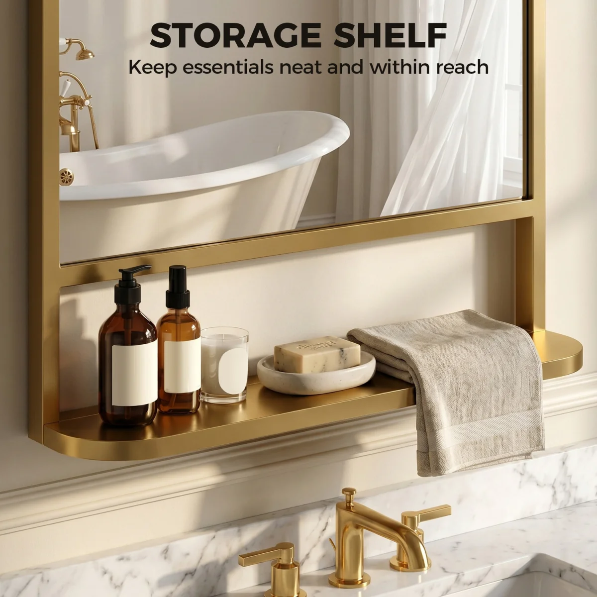 HOMCOM Modern Square Wall Mirror with Storage Shelf - Gold Tone / 50cm – image 5
