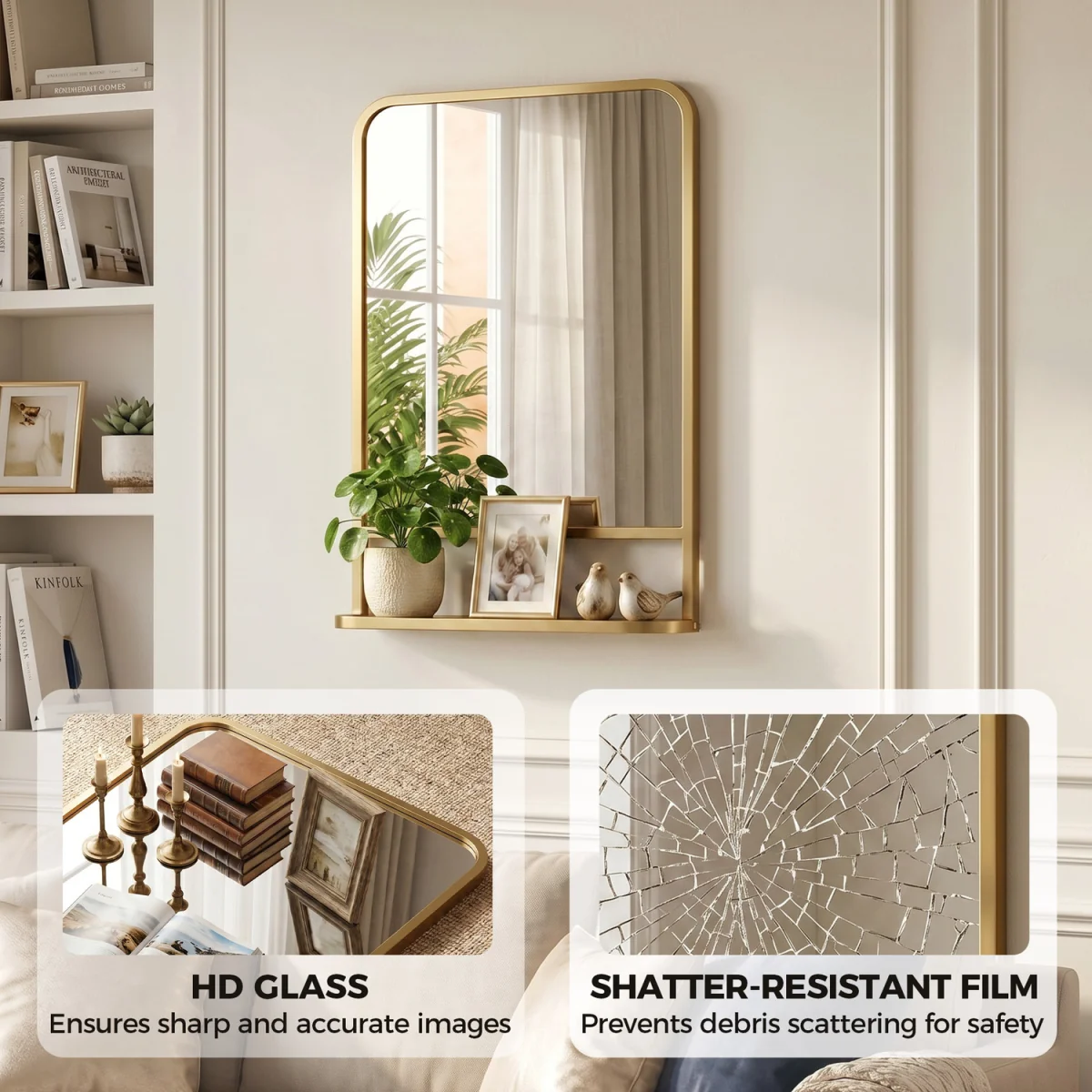 HOMCOM Modern Square Wall Mirror with Storage Shelf - Gold Tone / 50cm – image 6