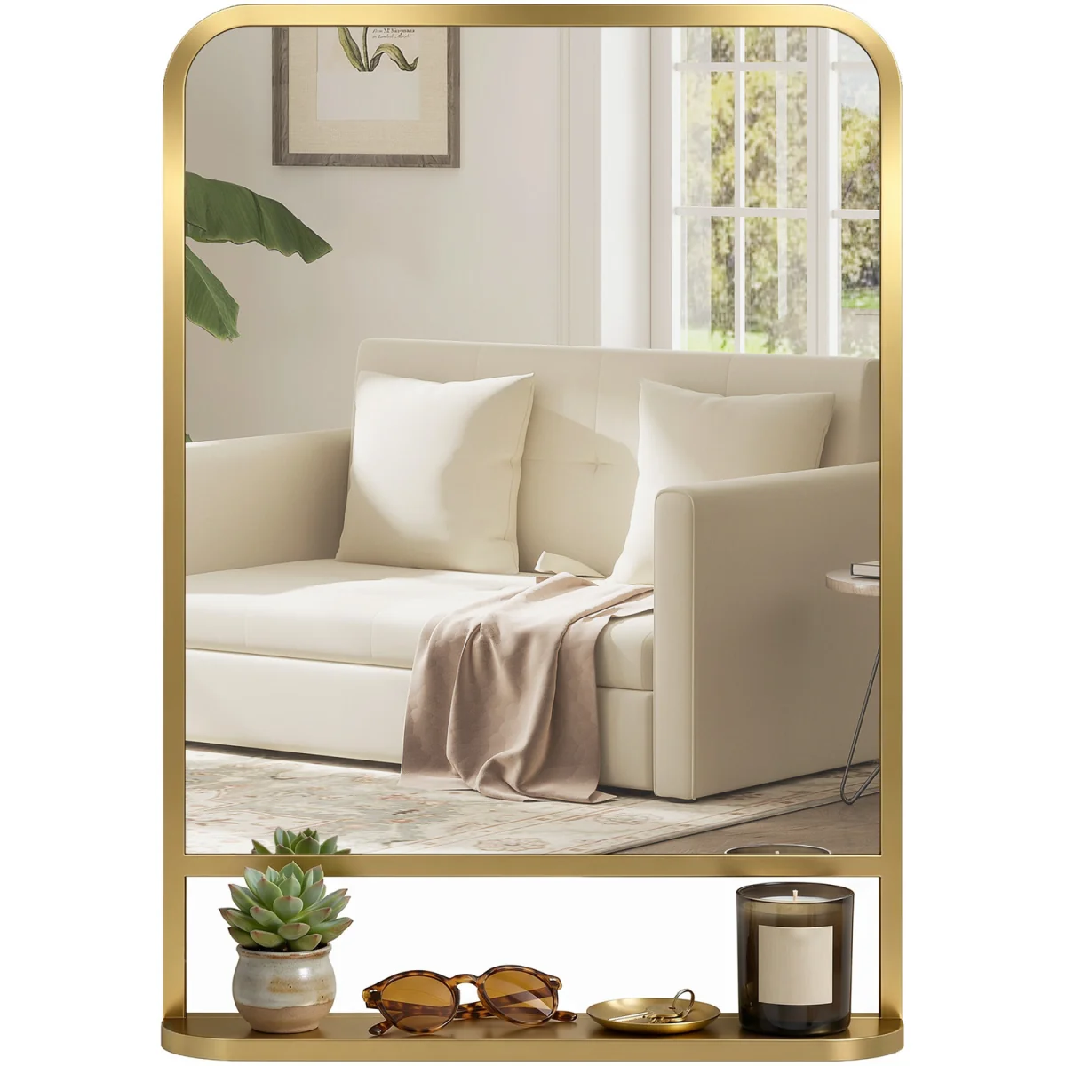 HOMCOM Modern Square Wall Mirror with Storage Shelf - Gold Tone / 50cm – image 8
