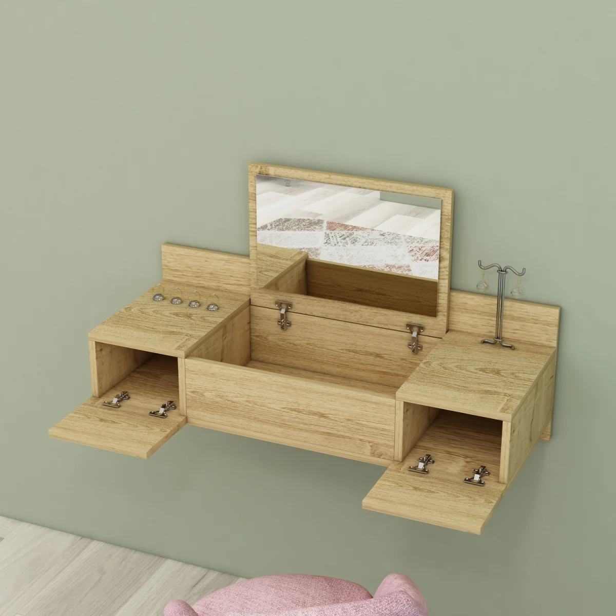 Bertus Wall Mounted Makeup Vanity Table with Mirror - Sapphire Oak – image 3