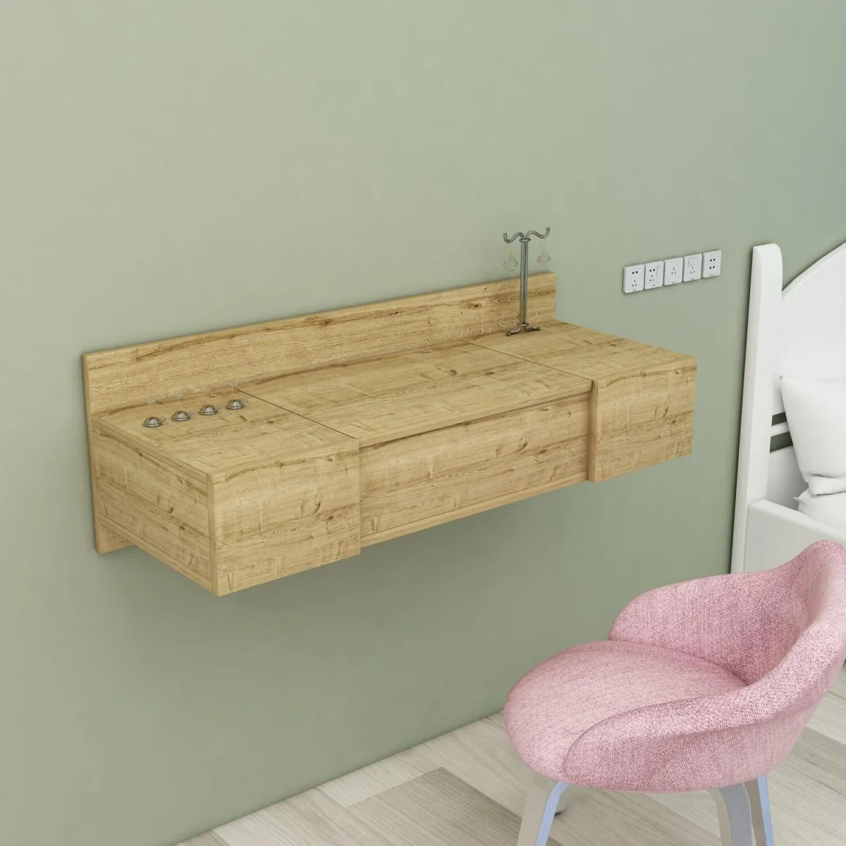 Bertus Wall Mounted Makeup Vanity Table with Mirror - Sapphire Oak – image 5