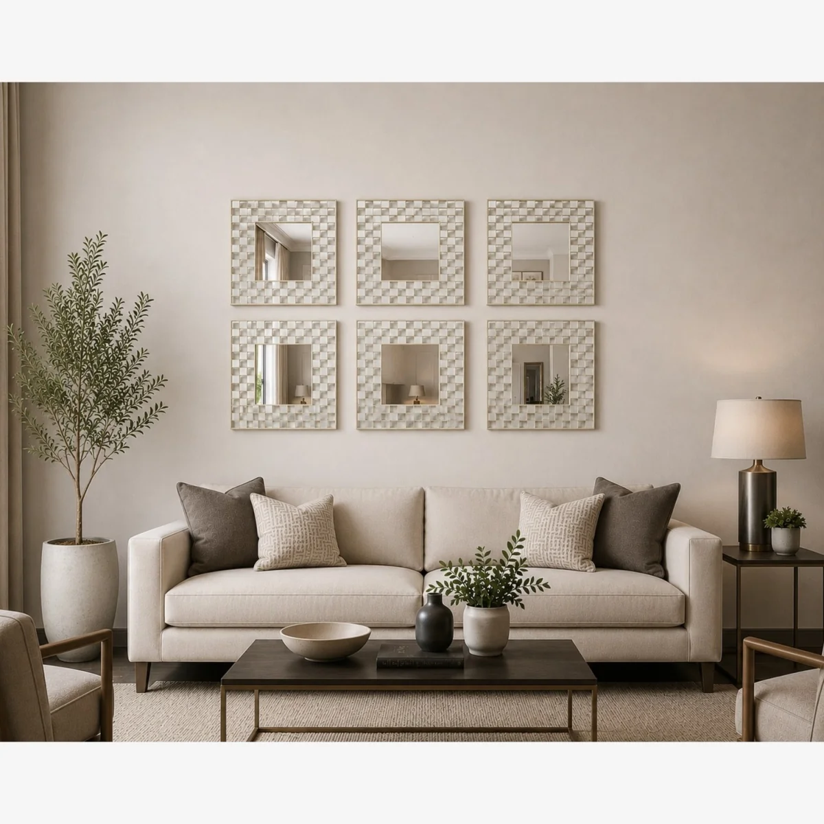 8x Box Border Square Frame Wall Tile Mirror 40Cm Dia. - White / 6