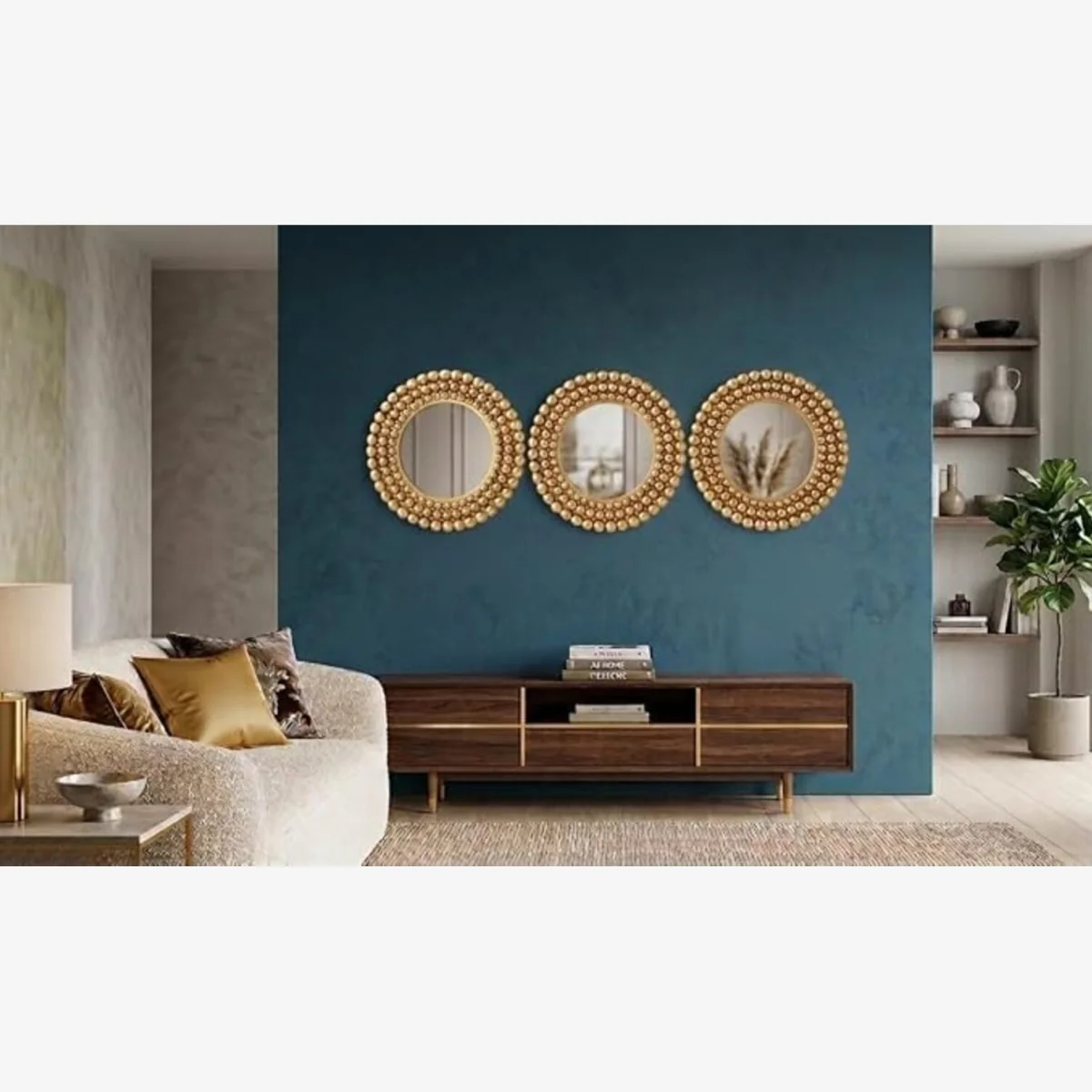 3x Gold Round Beaded Wall Mirror Plastic Frame 25Cm - Golden – image 1