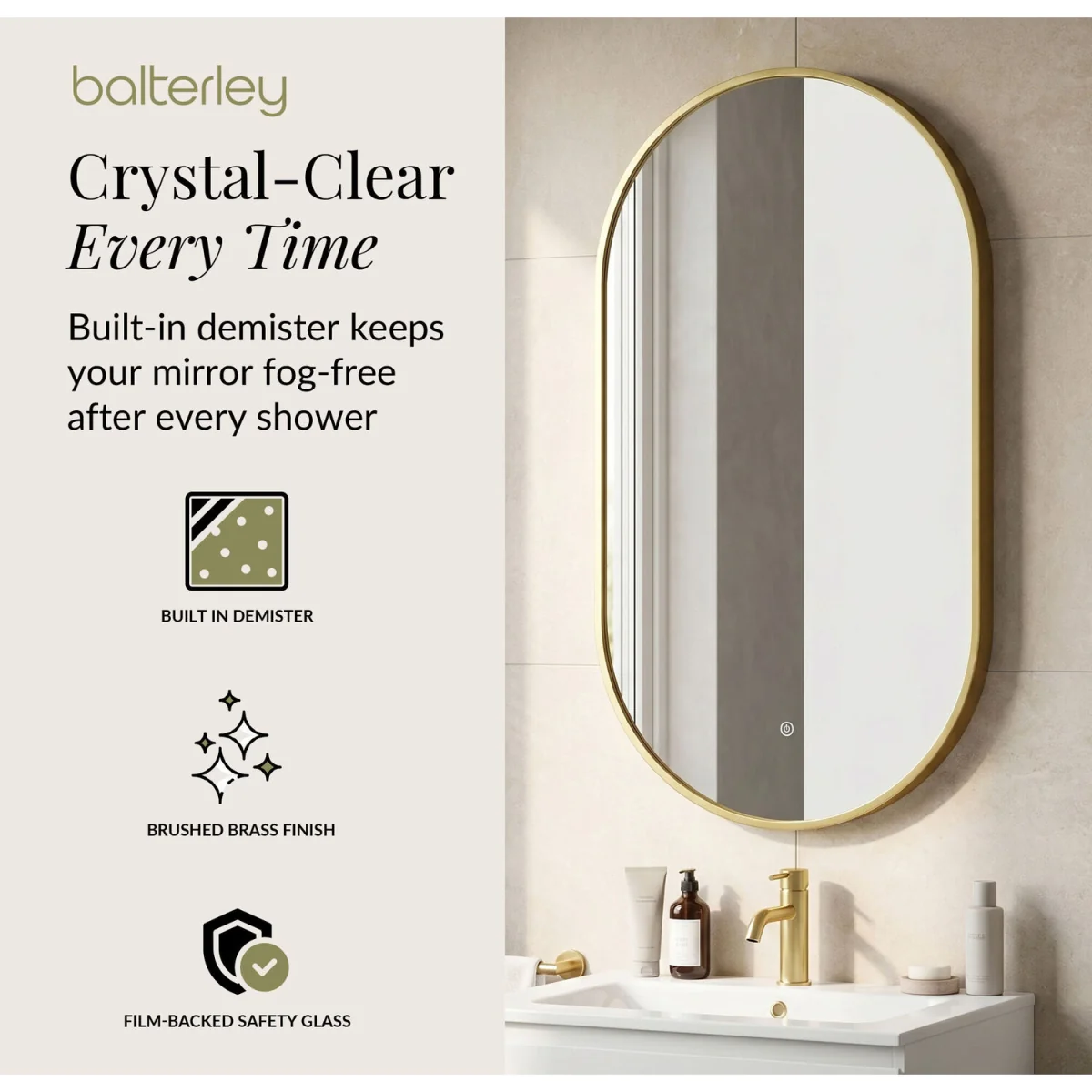 Oval Inset Framed LED Touch Sensor Mirror 800 x 500mm Brushed Brass - Brushed Brass – image 2