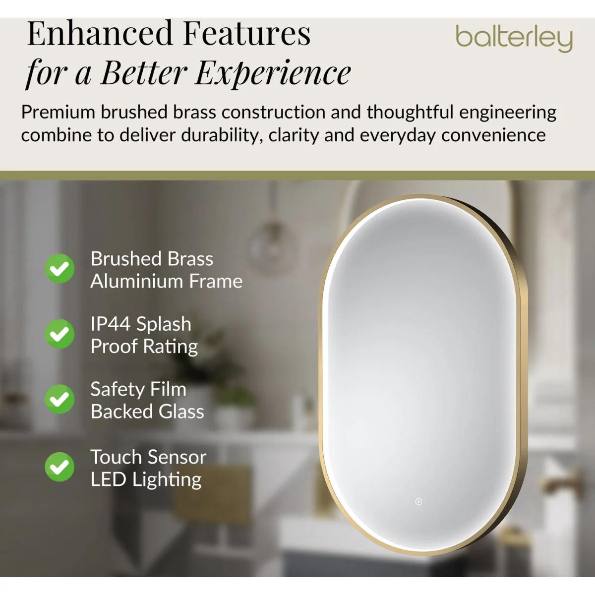 Oval Inset Framed LED Touch Sensor Mirror 800 x 500mm Brushed Brass - Brushed Brass – image 4