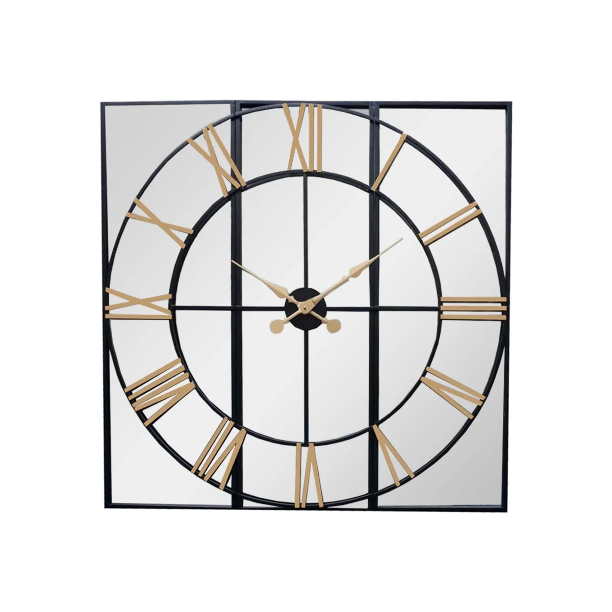 Wyld Haus 1130mm Square Industrial Mirror Wall Clock with Brushed-Gold Roman Numerals - Black – image 1