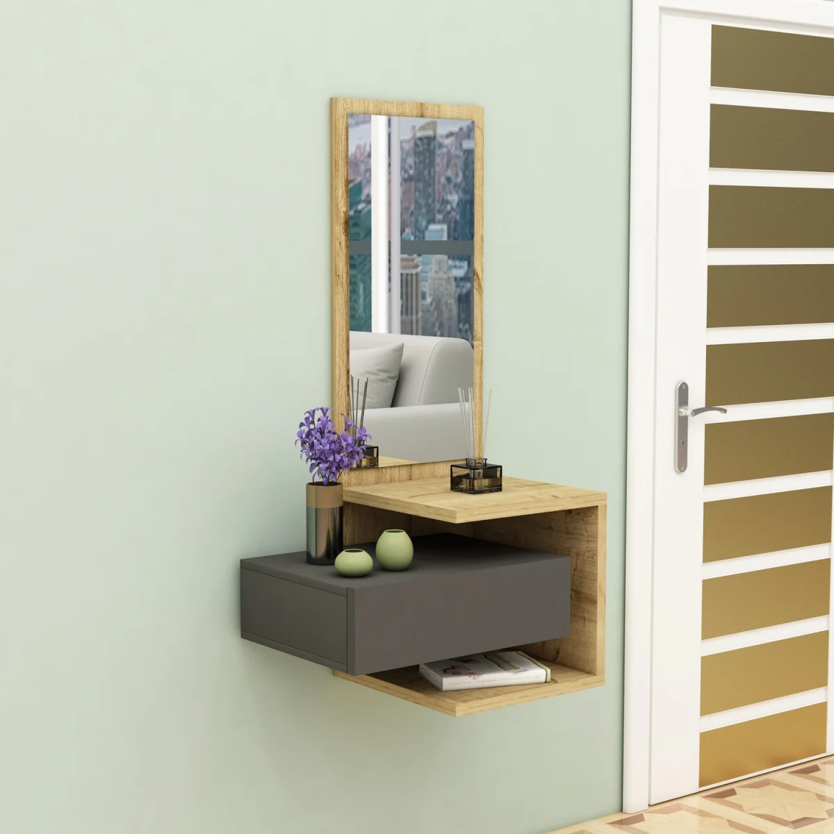 Riveno Dresuar with Drawer and Mirror - Anthracite & Sapphire Oak – image 2
