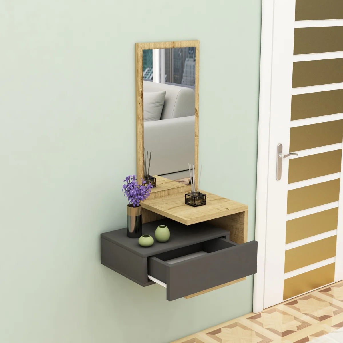 Riveno Dresuar with Drawer and Mirror - Anthracite & Sapphire Oak – image 3