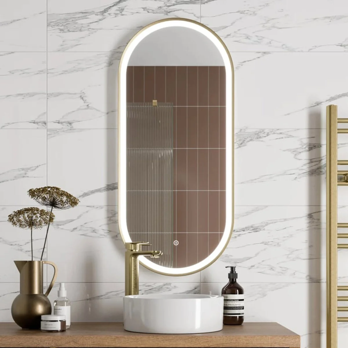 Oval LED Mirror with Demister - Brushed Brass – image 1