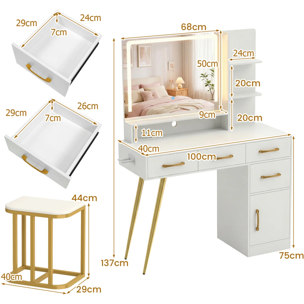 Lighted Mirror Vanity Table Set – image 3