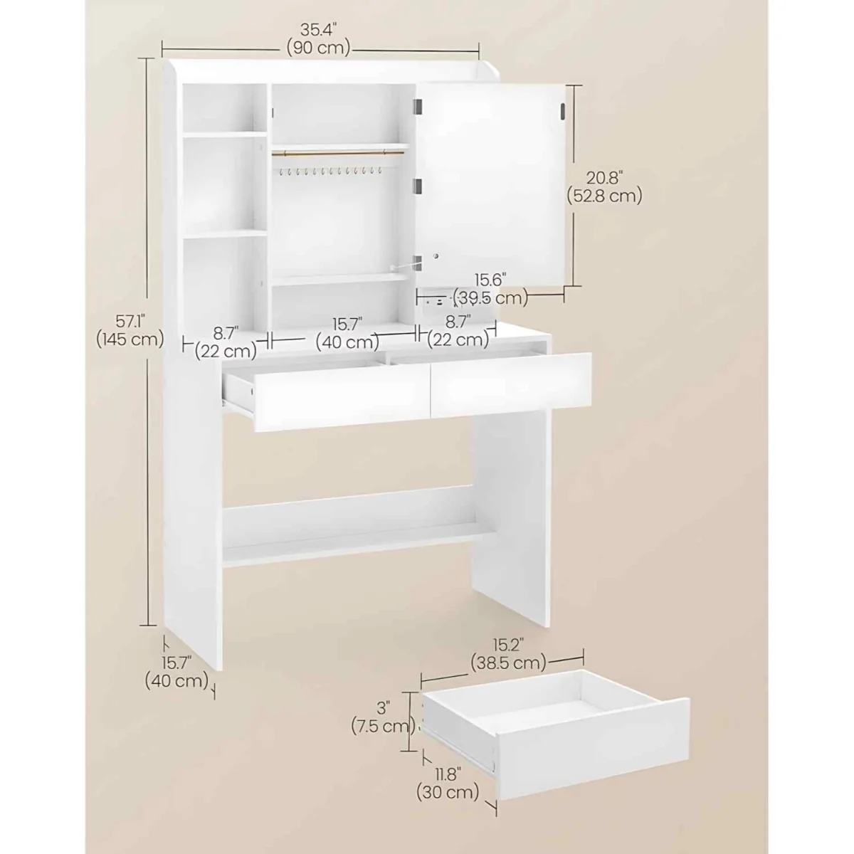 Makeup Dressing Table LED Mirror 2 Drawers, White - Cloud White – image 2