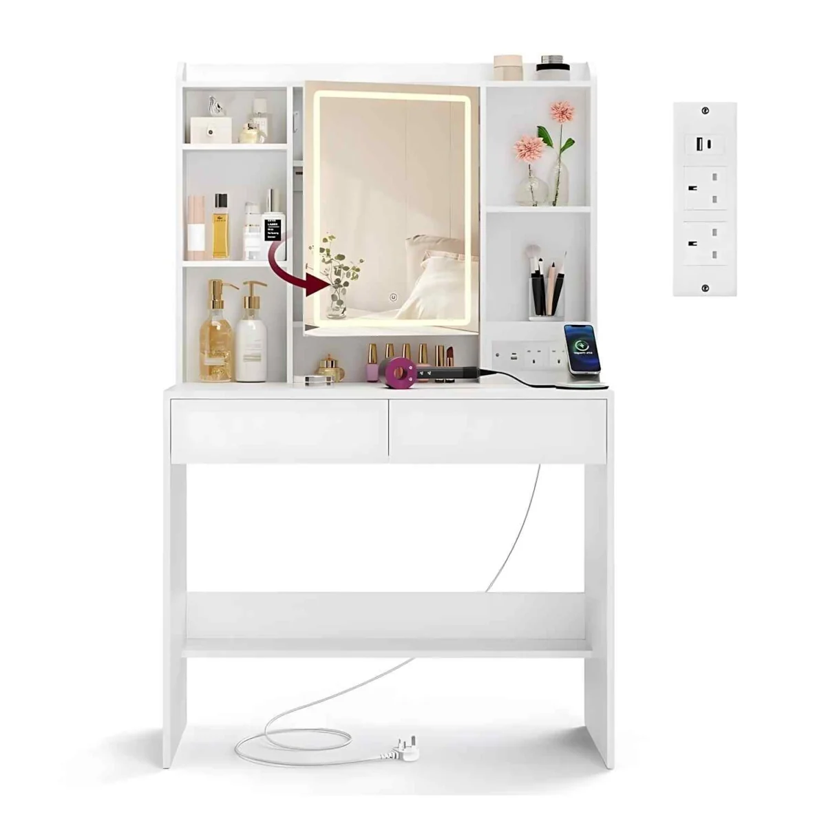 Makeup Dressing Table LED Mirror 2 Drawers, White - Cloud White – image 3