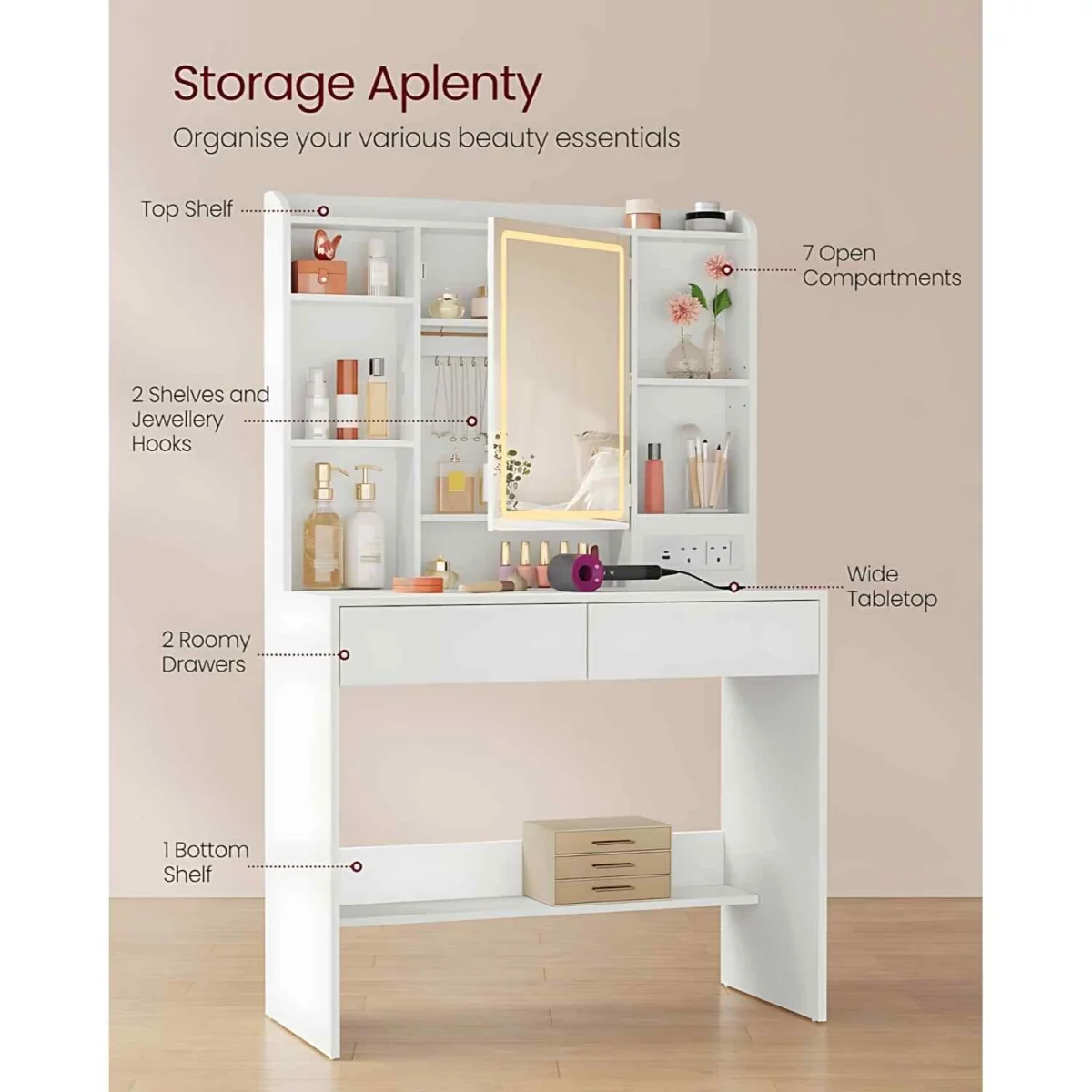 Makeup Dressing Table LED Mirror 2 Drawers, White - Cloud White – image 4