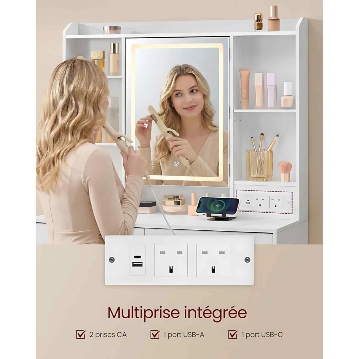 Makeup Dressing Table LED Mirror 2 Drawers, White - Cloud White – image 5