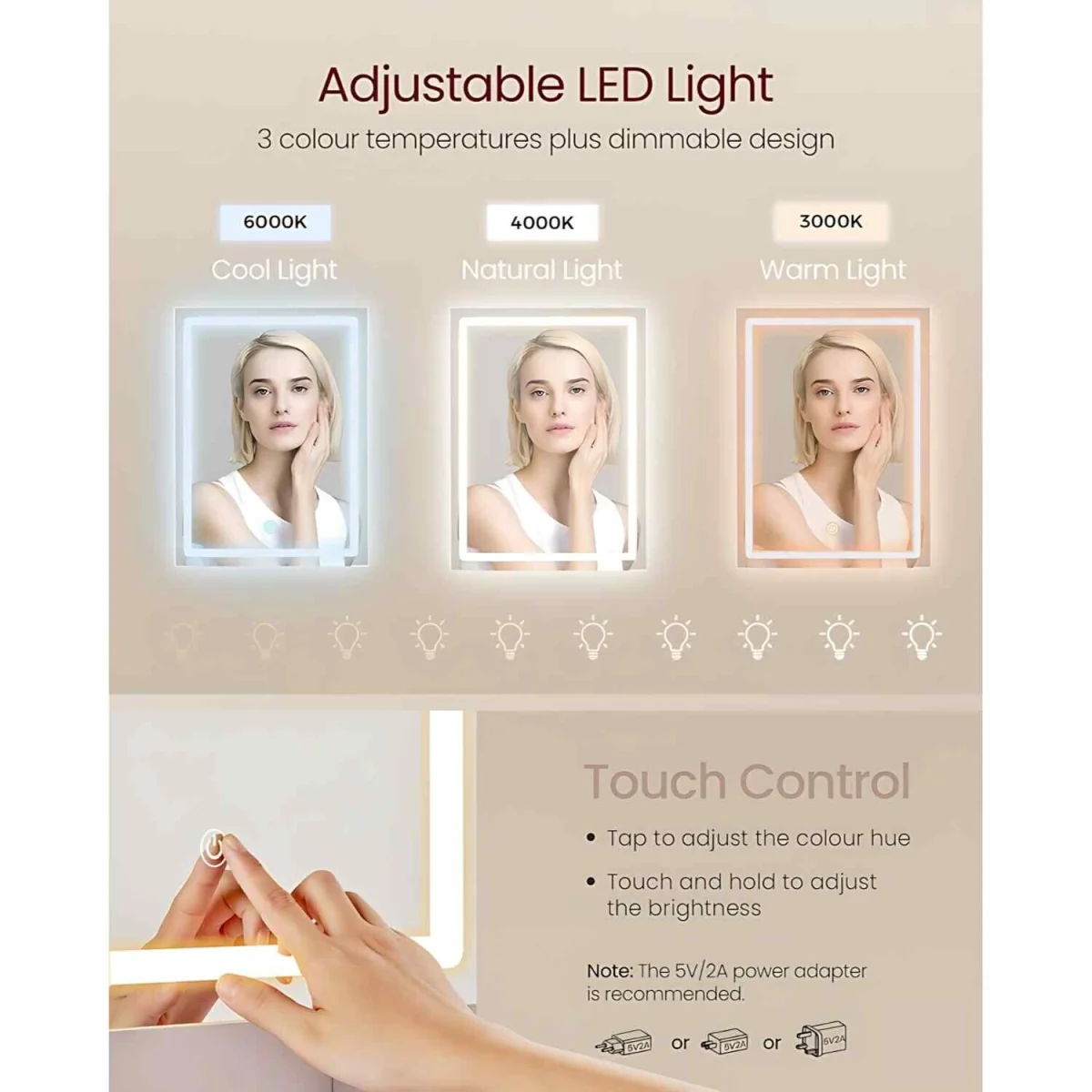 Makeup Dressing Table LED Mirror 2 Drawers, White - Cloud White – image 6